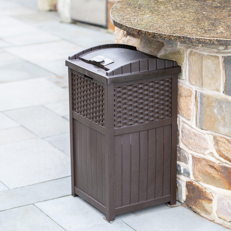 Suncast 33 Gallon Manual Lift Trash Hideaway Container, Brown