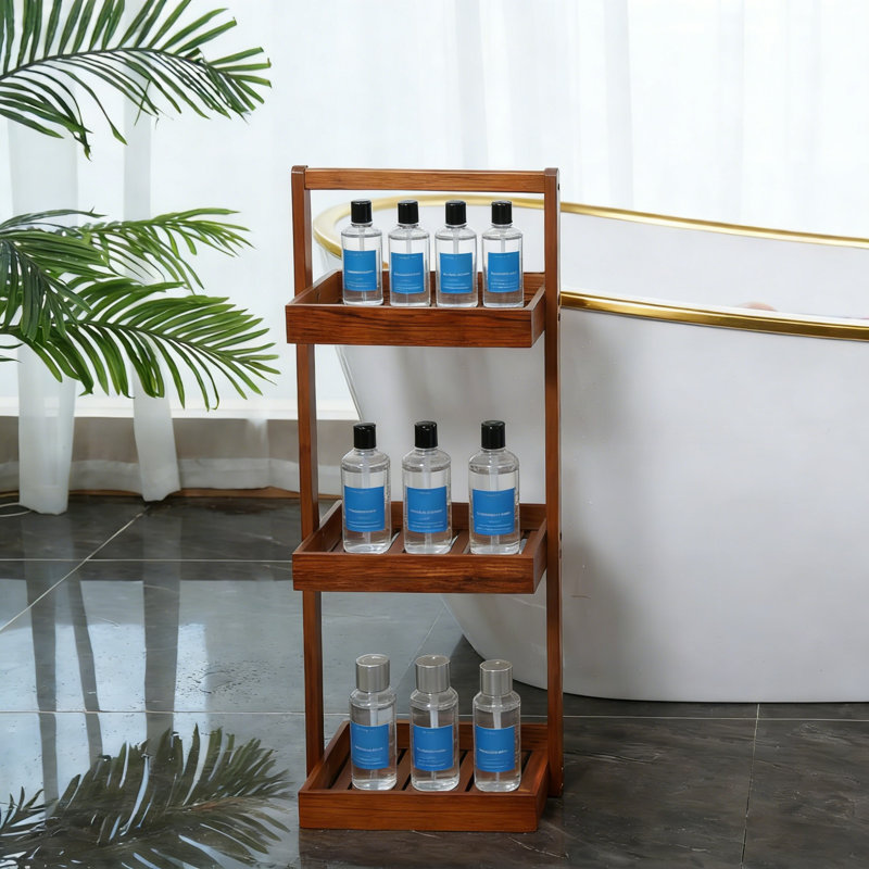Solid Teak Wood Shower Caddy, 3-Tier Countertop Organizer With Carry Handle, 29.8'' H x 10.8'' W x 8'' D