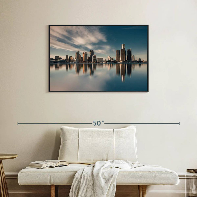 Detroit Skyline Reflection, Floating Frame Black, 37" X 25"