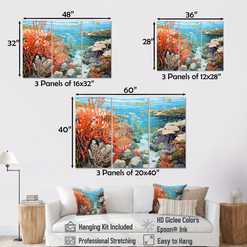 Corail et anémone III - Ensemble d'art mural corail sous l'eau, Toile tendue, H 28 po x l 36 po x P 1 po