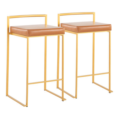 Tabouret de comptoir contemporain empilable doré avec coussin en similicuir brun clair - ensemble de 2
