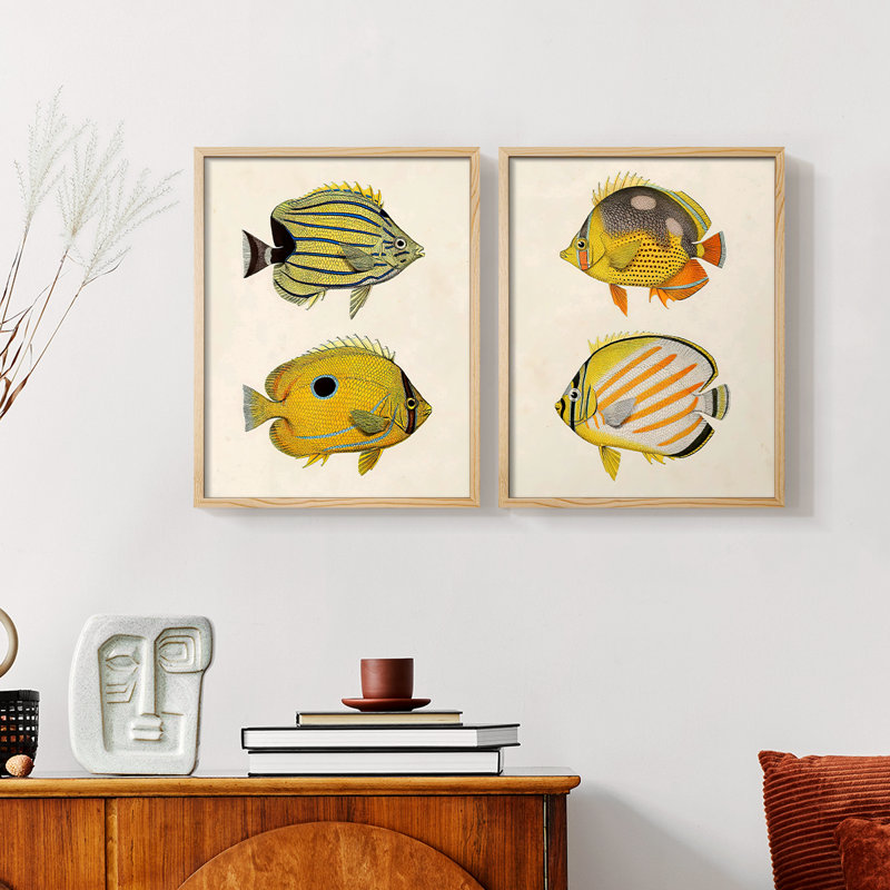 Poisson jaune et gris III - reproduction encadrée de qualité supérieure - prêt à être accroché - aucun clou requis - aucun clou requis