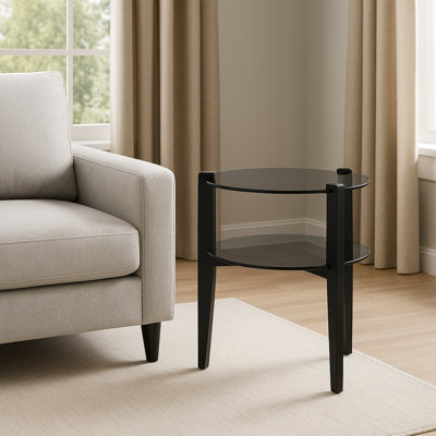 Table de bout ronde à deux niveaux avec tablettes en verre trempé et pieds en bois d'hévéa Magnum