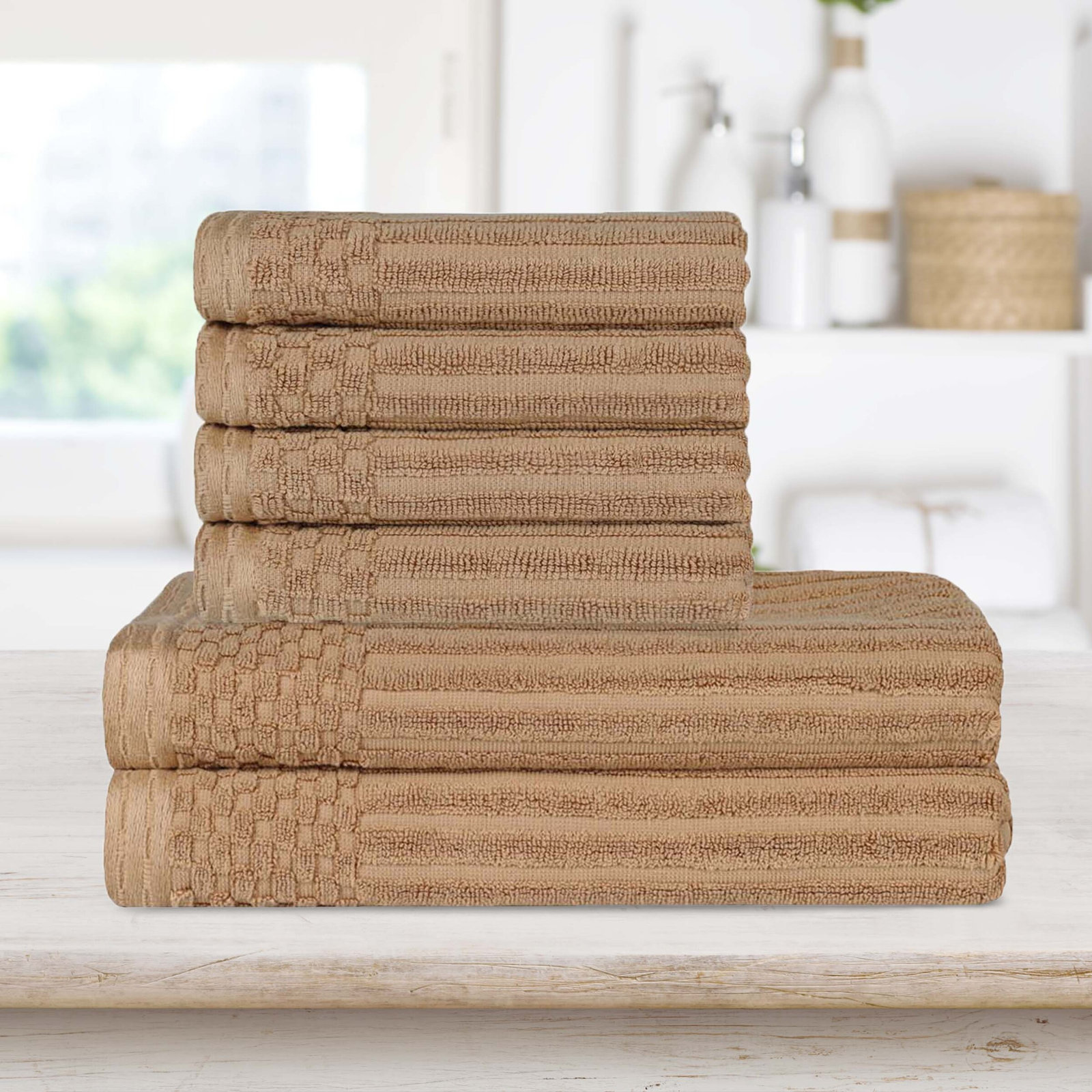 6-Piece Ribbed Cotton Towel Set, Coffee