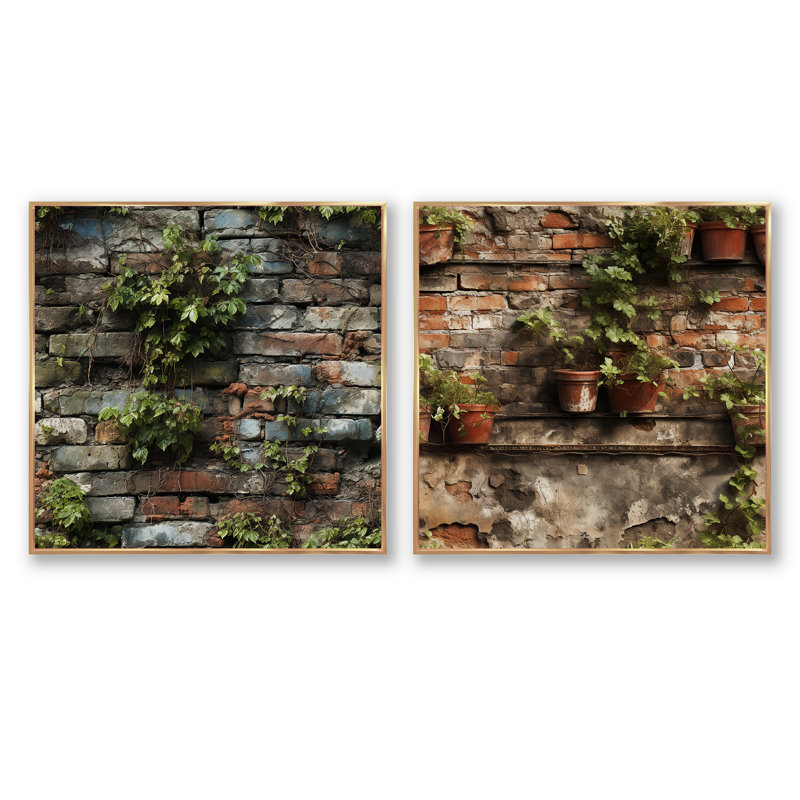 Urban Oasis - Ensemble de 2 collages carrés abstraits, Cadre flottant doré, H 30 po x l 61 po