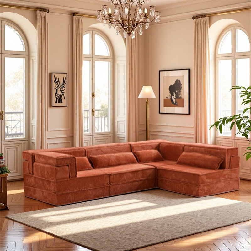 Très grand canapé à quatre places avec quatre coussins et un design sans os, Orange