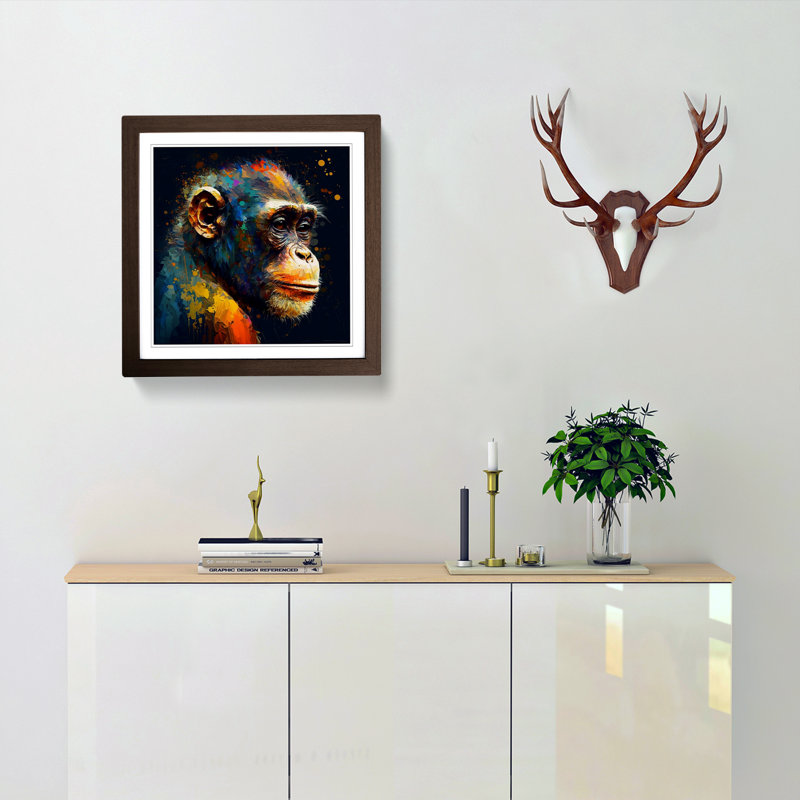 Monkey Palette Knife Painting No.3 - Single Picture Frame Print on Wood, Walnut
