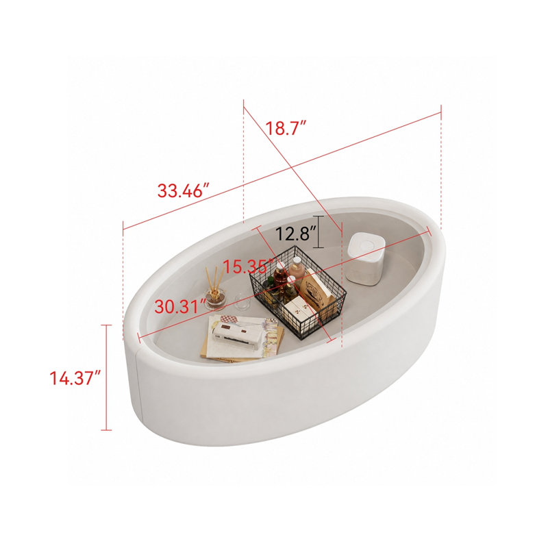 Table basse de rangement ovale cachée 33,46 po - Plateau en verre trempé certifié 3C et table basse de rangement blanche moderne en cuir de qualité supérieure pour le salon
