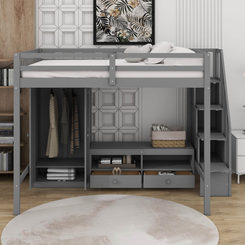 Structure de lit double pleine grandeur avec garde-robe, table de rangement basse et escalier de rangement, gris