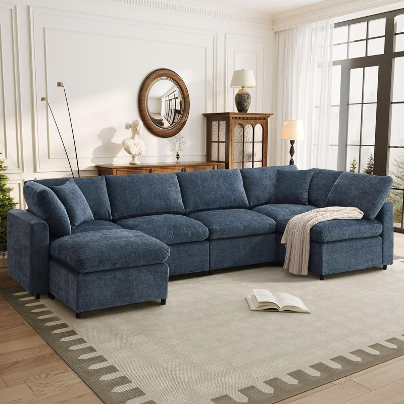 Canapé modulaire en chenille modulaire à 6 places en U avec repose-pieds 130 po Meadow, Chenille bleu