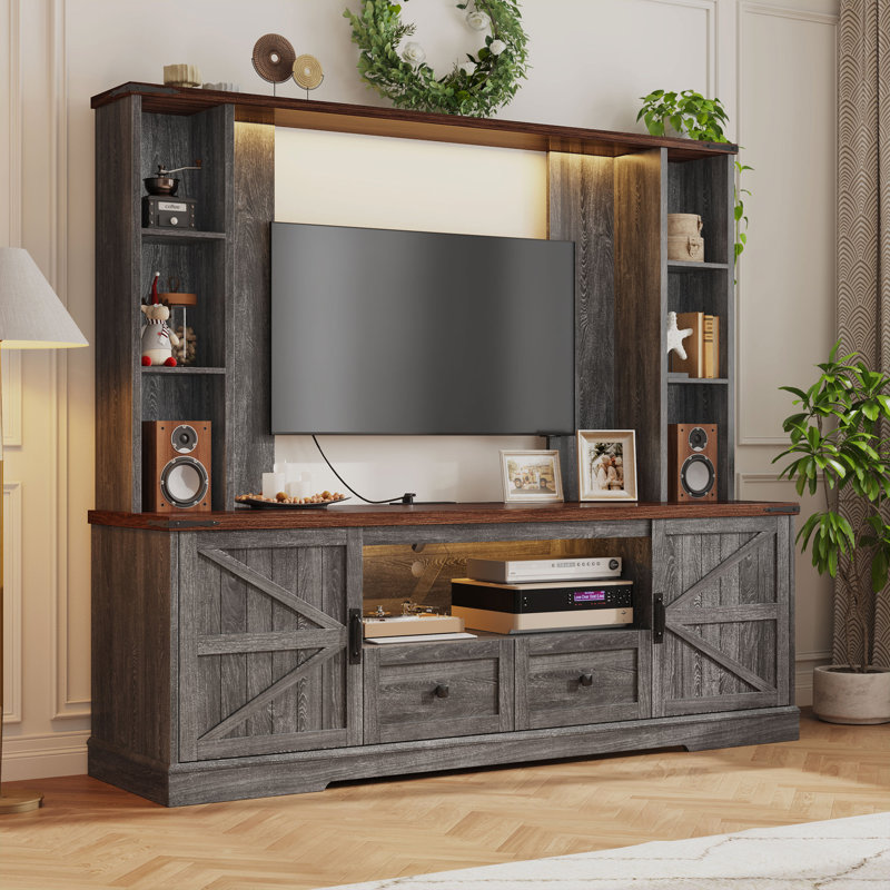 Farmhouse Entertainment Center For 60 Inch Tv, With 2 Led Lights, Power Outlets & Storage Shelf, Gray