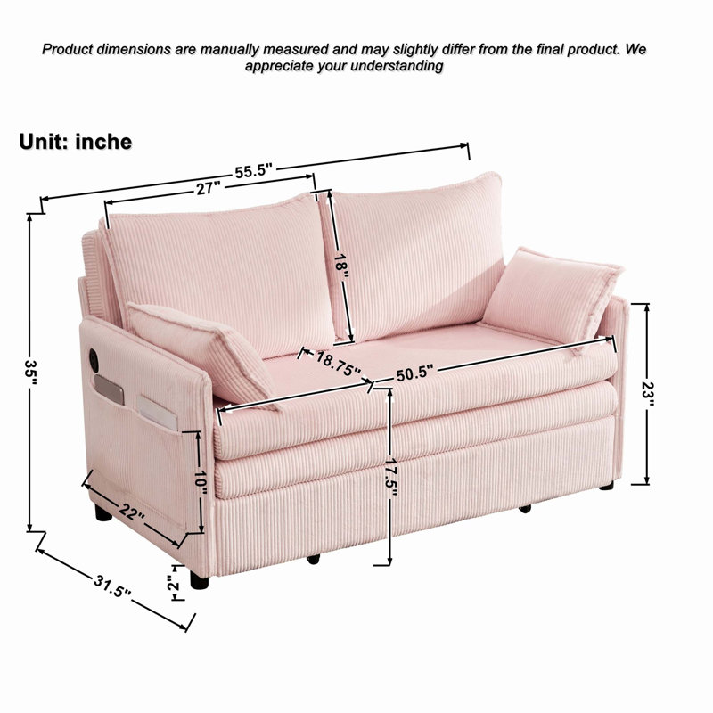 Canapé-lit convertible de 55 pouces avec poches latérales et ports USB, canapé en velours côtelé moderne pour petits espaces et appartements
