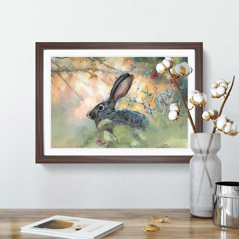 Hare in the Bushes in Abstract - Picture Frame Graphic Art Print, 27cm H x 36cm W x 2cm D, Walnut Framed