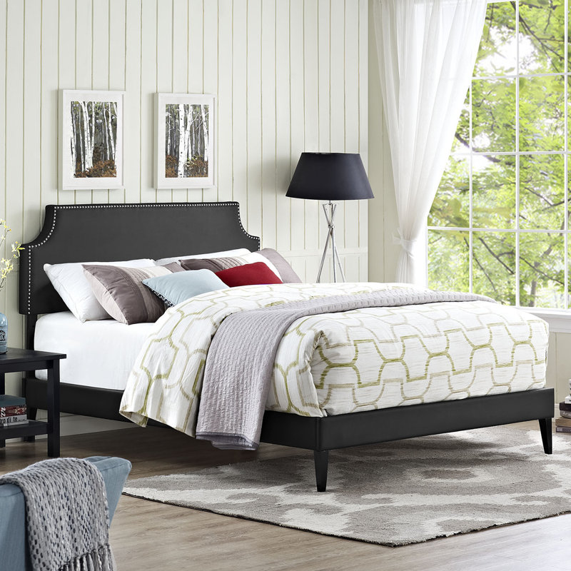 Laura Vinyl Platform Bed with Squared Tapered Legs, Queen, White