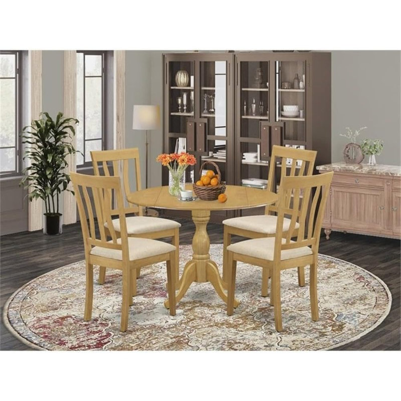 Ensemble de table à manger 5 pièces pour 4 personnes comprenant une table de salle à manger ronde avec Dropleaf et 4 chaises de salle à manger en tissu de lin, 42 po x 42 po, chêne