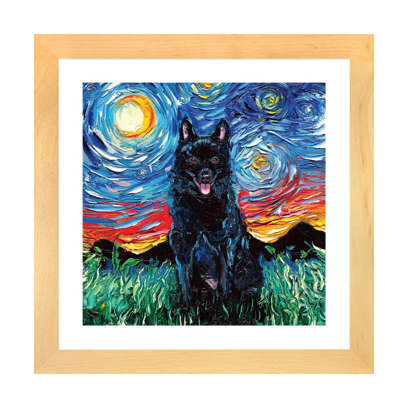 Reproduction d’art, "Schipperke Night" par aja Trèves, H 16 po x l 16 po x p 1 po, Toile avec cadre en bois beige, Blanc
