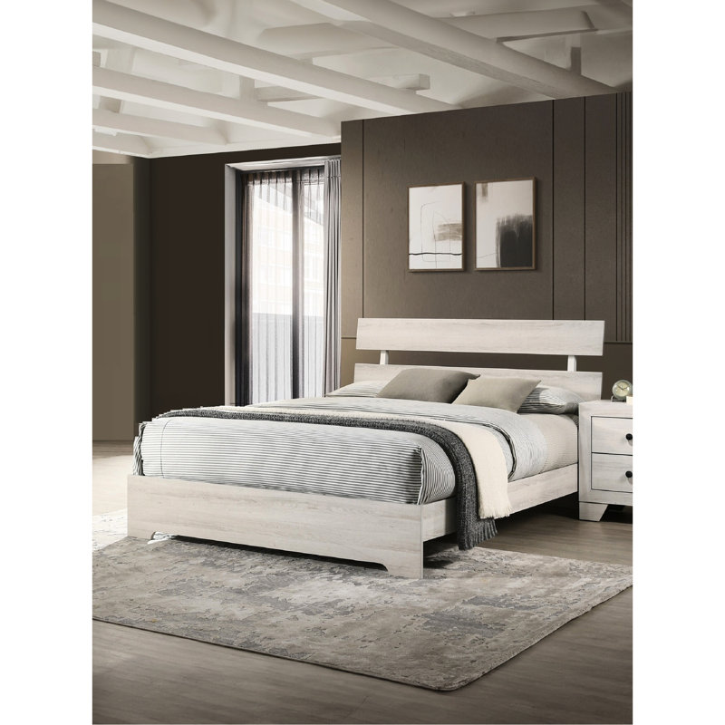 Grand lit plateforme rustique, cadre de lit à profil bas avec blanc délavé, meubles de chambre à coucher de style contemporain dans une seule boîte, délavé