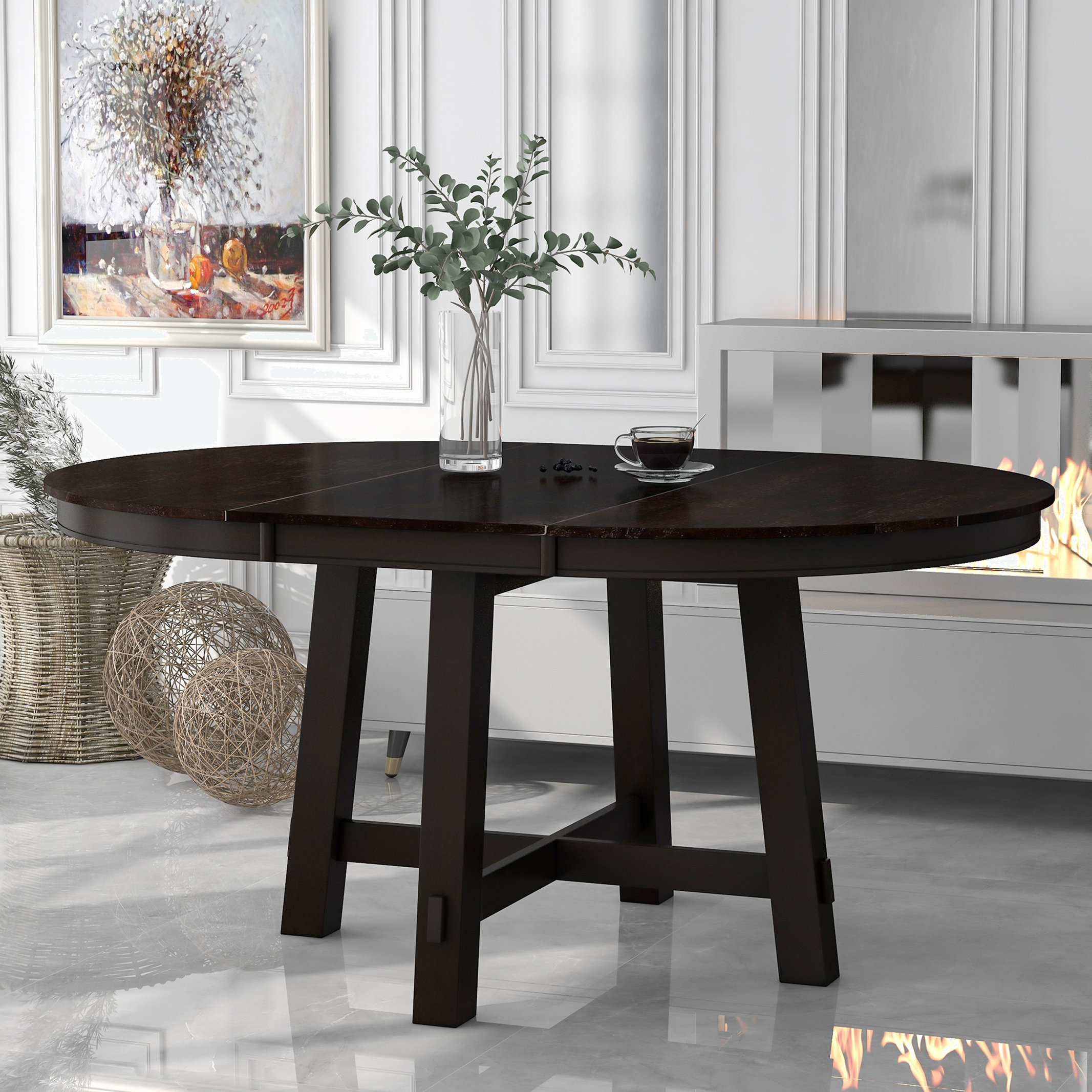 Gracie Oaks Farmhouse Round Extendable Dining Table with Leaf Wood