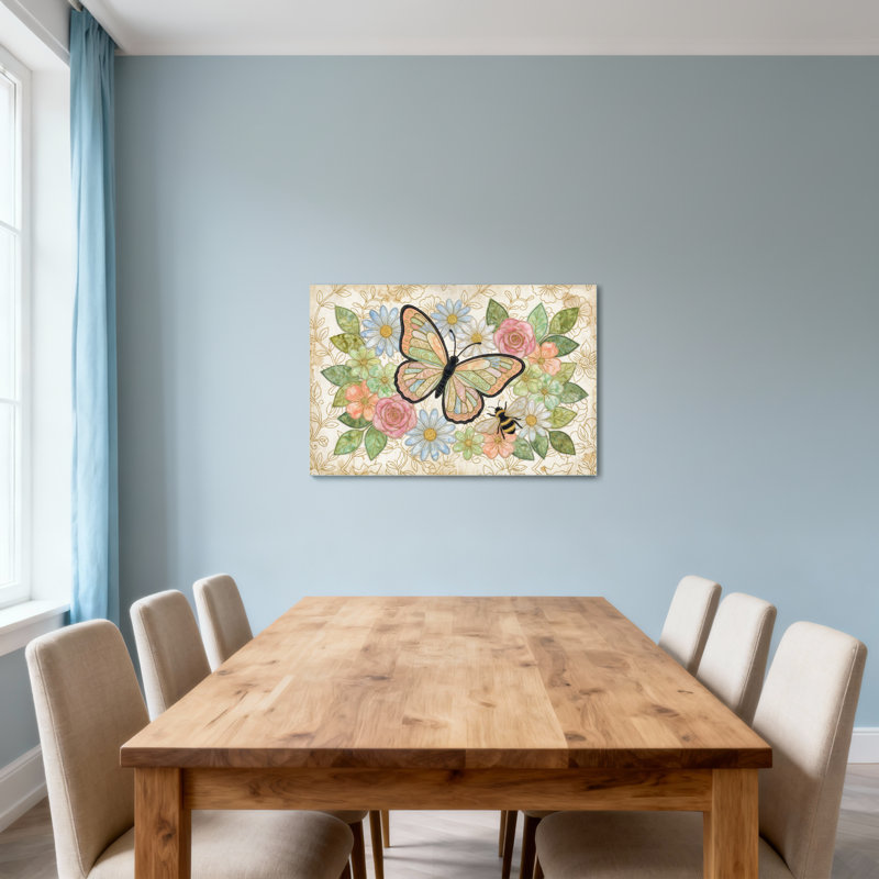 Animaux avec motif papillon et abeille parmi les fleurs, H 20 po x l 30 po