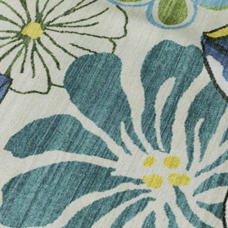 Blue and Green Floral Synthetic Rectangular Area Rug