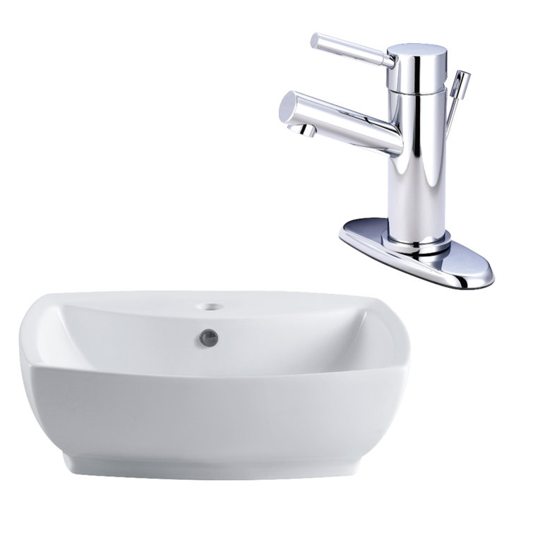 Ceramic Rectangular Vessel Bathroom Sink with Faucet and Overflow