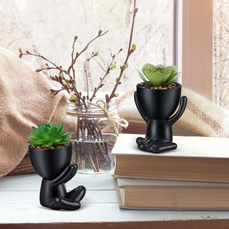 Fausse plante grasse, mini plantes grasses artificielles en noir en forme d'homme moderne en céramique Pots de bureau, plante de bureau pour la décoration de bureau pour les femmes
