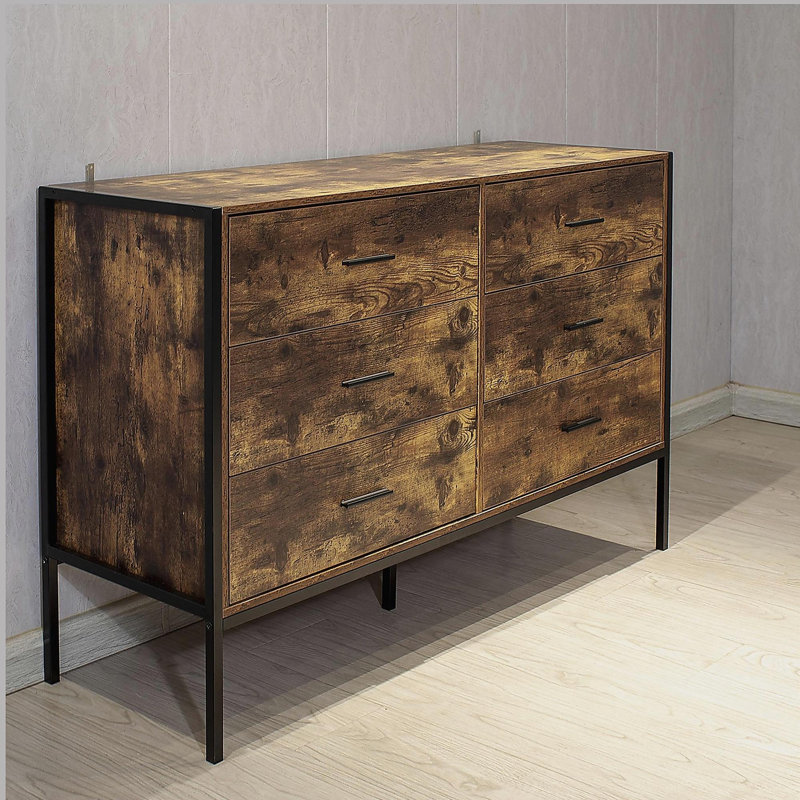 Commode double à 6 tiroirs de style industriel avec rangement en bois brun rustique et structure en acier robuste, commode à 6 tiroirs, armoire de rangement pour la chambre à coucher et le salon