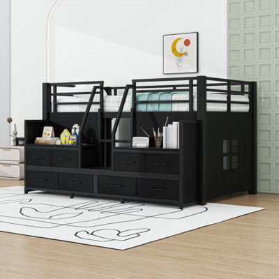 Lit simple mezzanine bas avec tiroirs, tablettes et lumières intégrées