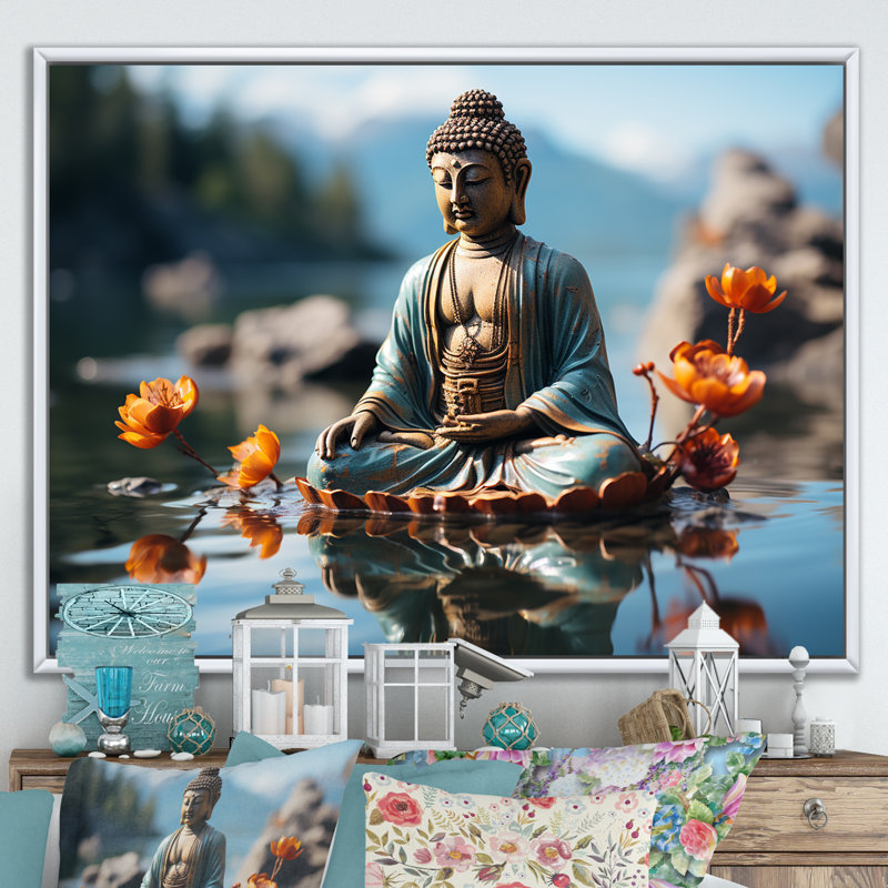 Art zen Bouddha tranquille en méditation II - Bouddhisme, Cadre flottant blanc, H 30 po x l 40 po x P 1,5 po