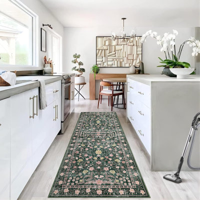 Floral Low Pile Runner Rug – Machine Washable, Non-Slip, Lightweight Hallway, Kitchen & Bedroom Carpet, Vintage Distressed Area Rug for Home Decor