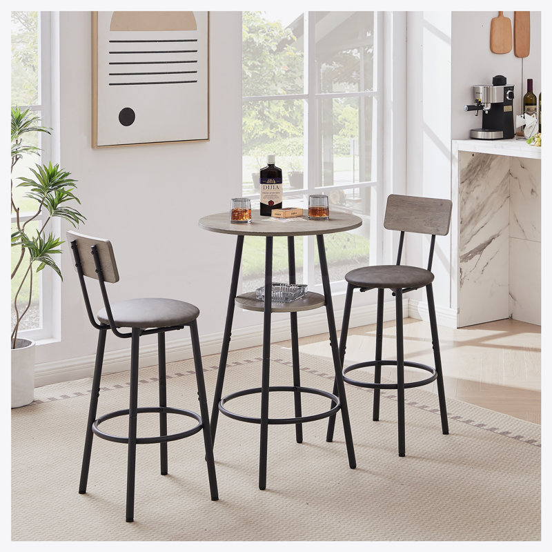 Round bar stool set with shelf, upholstered stool with backrest, Grey, Light Grey
