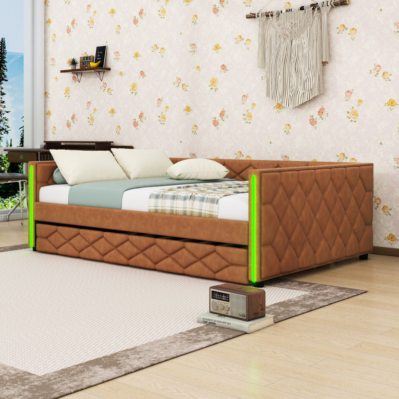 Full XL Upholstered Daybed with LED Light and Trundle, Brown