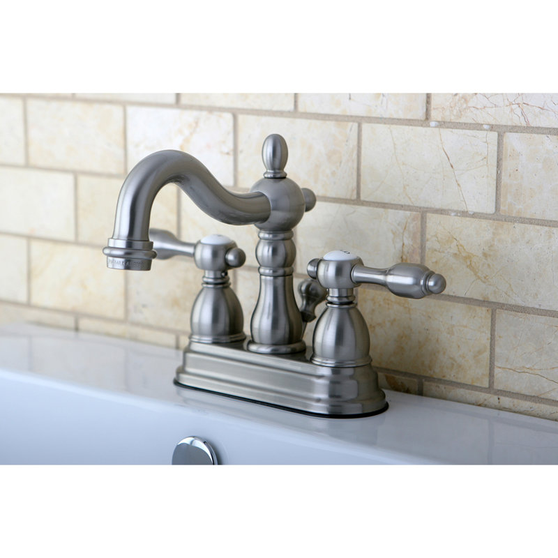 Kingston Brass Tudor Two-Handle 3-Hole Deck Mount 4" Centerset Bathroom Faucet with Brass Pop-Up, Brushed Nickel