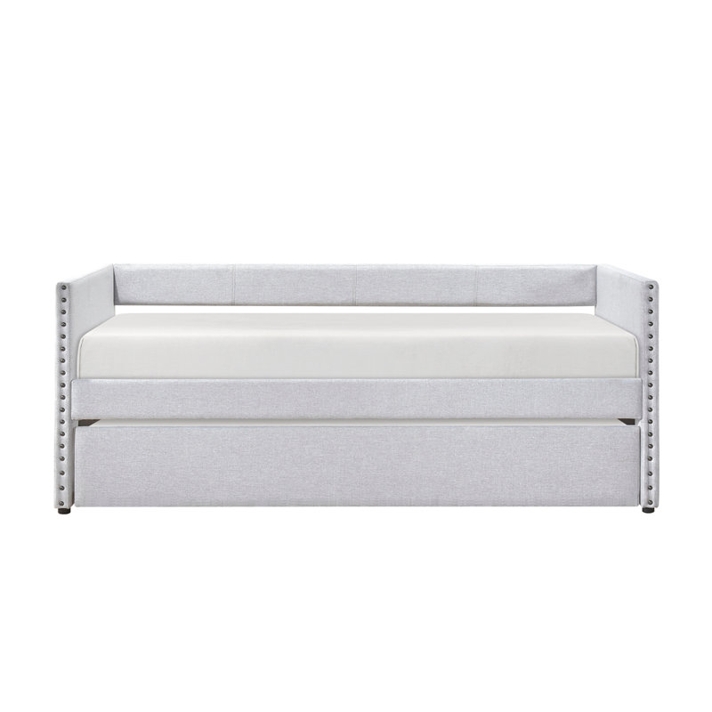 Modern Daybed Pull-out Trundle Side Pockets Light Gray Upholstery Nailhead Trim Bedroom Living Room Furniture 1pc, Light Gray