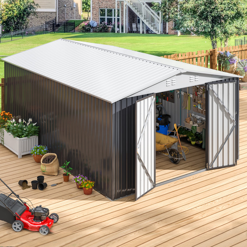 10 ft.W x 14 ft.D Metal Storage Shed with Updated Frame Structure and Lockable Doors, 81.10" H x 112.70" W x 162.70" D