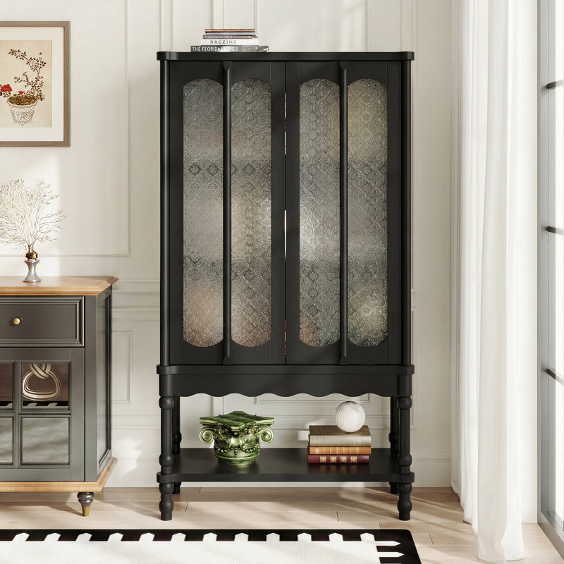 62'' H X 35 '' W Bookcase With Patterned Glass Doors And Open Shelve, Black