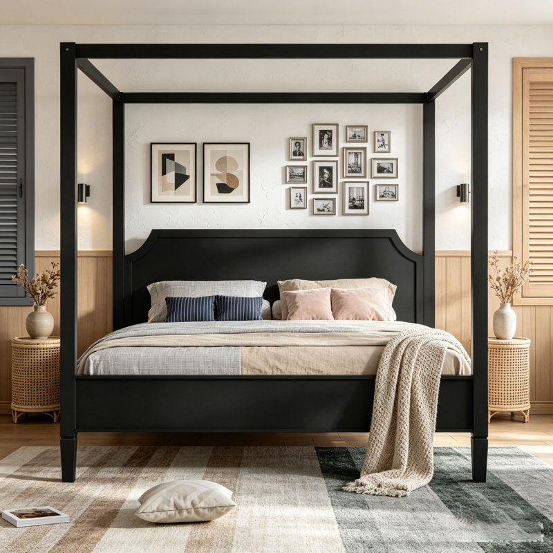 Lit plateforme à baldaquin en bois avec tête de lit, Noir, Très grand lit