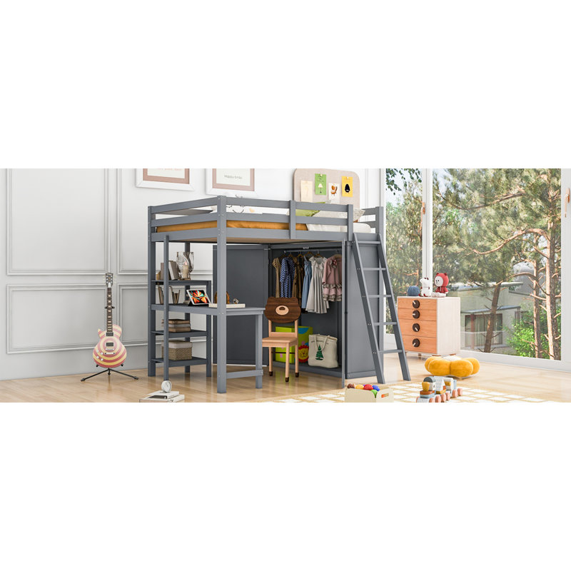 Lit mezzanine polyvalent en bois d'hévéa avec garde-robe, bureau et tablettes pour les espaces familiaux modernes
