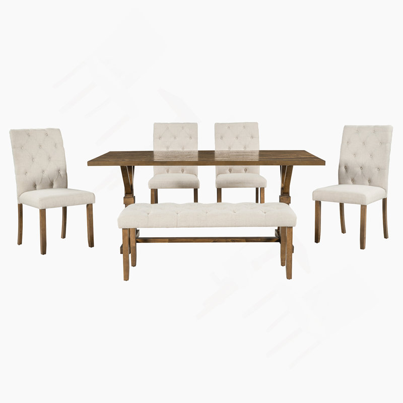 6-Piece Farmhouse Dining Table Set with 72" Wood Rectangular Table and Bench