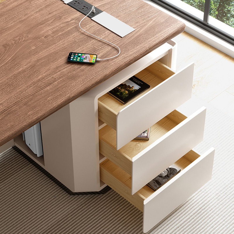 Bureau à 3 tiroirs brun noisette + beige massif massif + bois manufacturé, Retour à droite