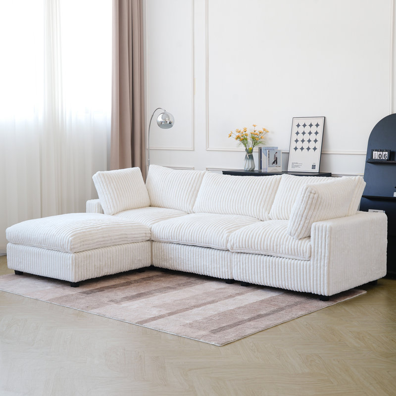 Canapé modulaire à accoudoirs larges avec repose-pieds 4 pièces, Fausse fourrure beige