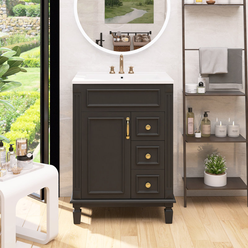 Meuble-lavabo délicat à rayures avec lavabo en céramique et 2 tiroirs avec tablette réglable, Black