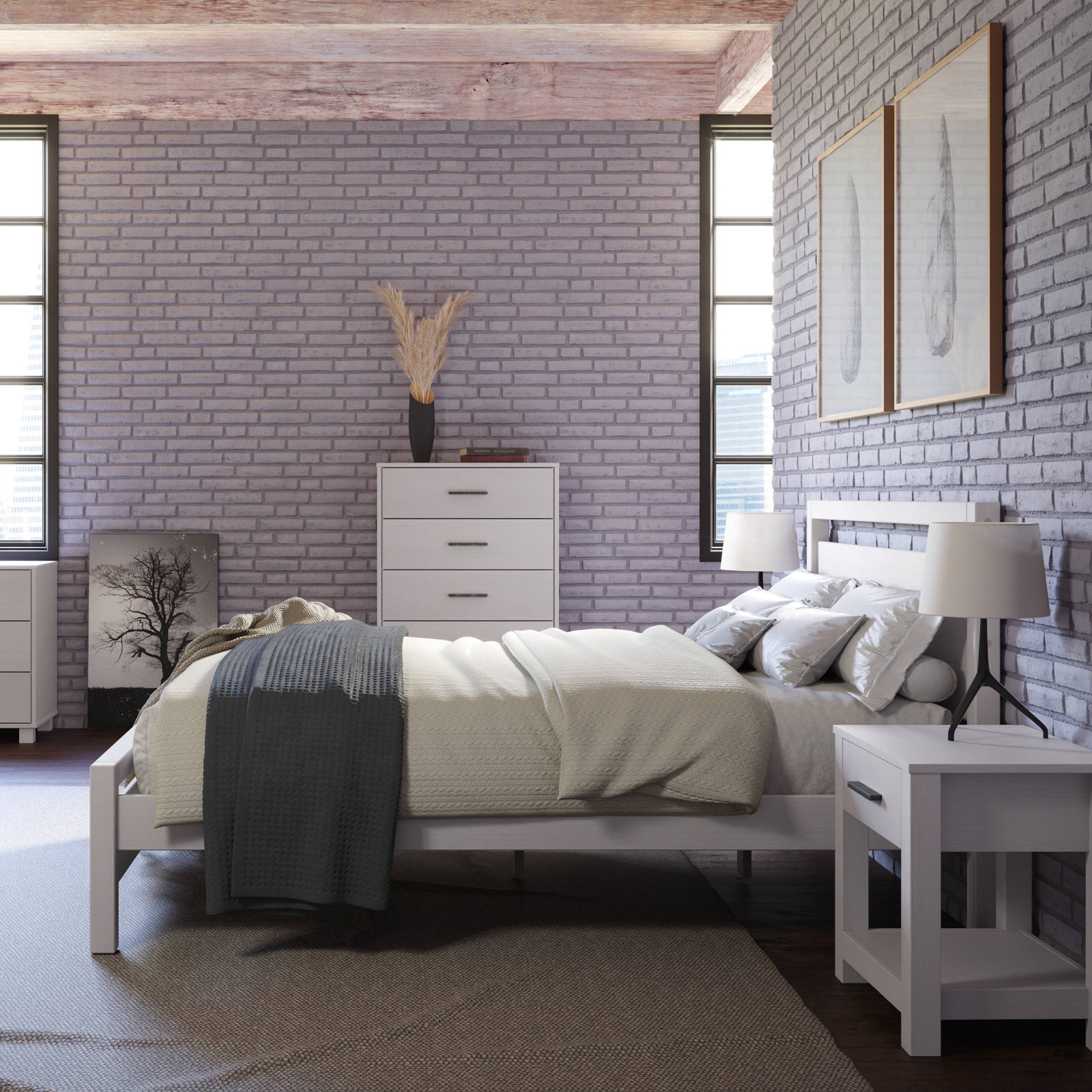 Loft Solid Wood Panel Bed, Brushed White, King