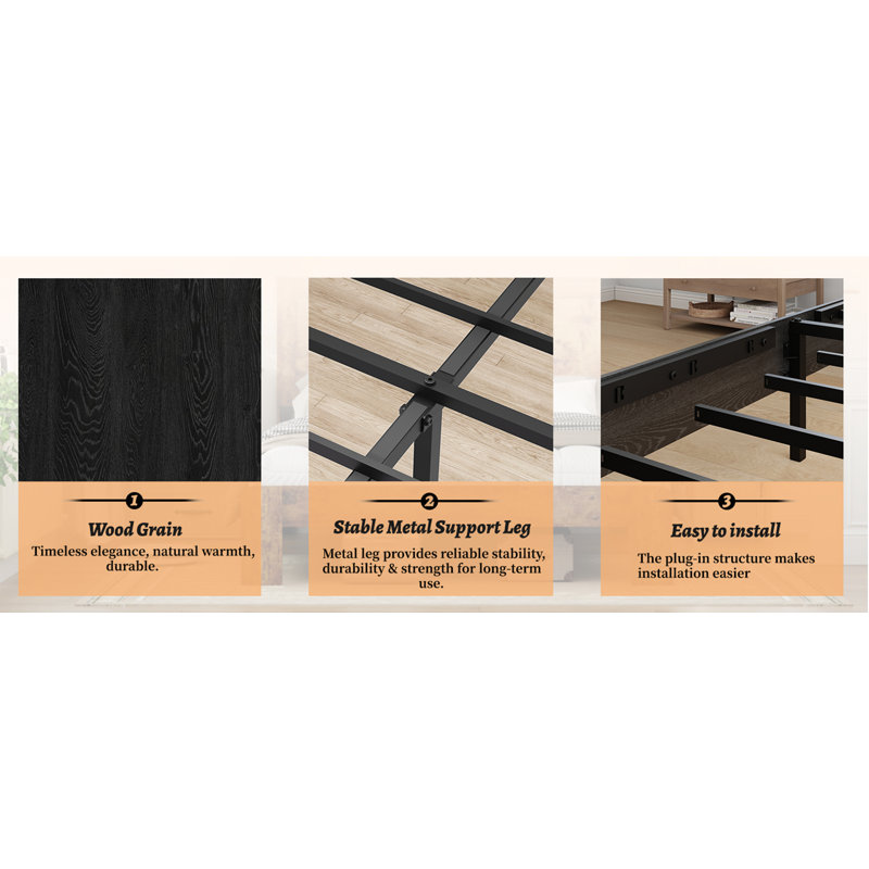 Lit plateforme double en bois, Double, Noir
