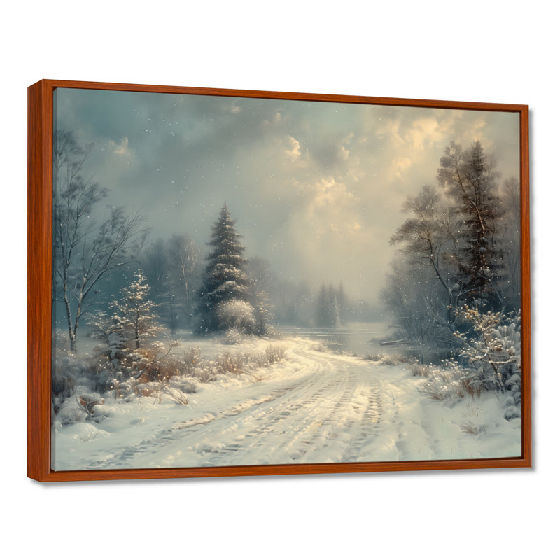 «White Grey Winter route into forest III - Winter Landscape», art mural sur toile, H 24 po x l 32 po, Cadre flottant brun