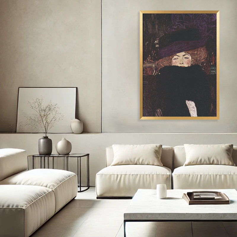 Art mural classique "Dame Mit Hut Und Federboa (1909)" par Gustav Klimt, H 40 po x l 30 po