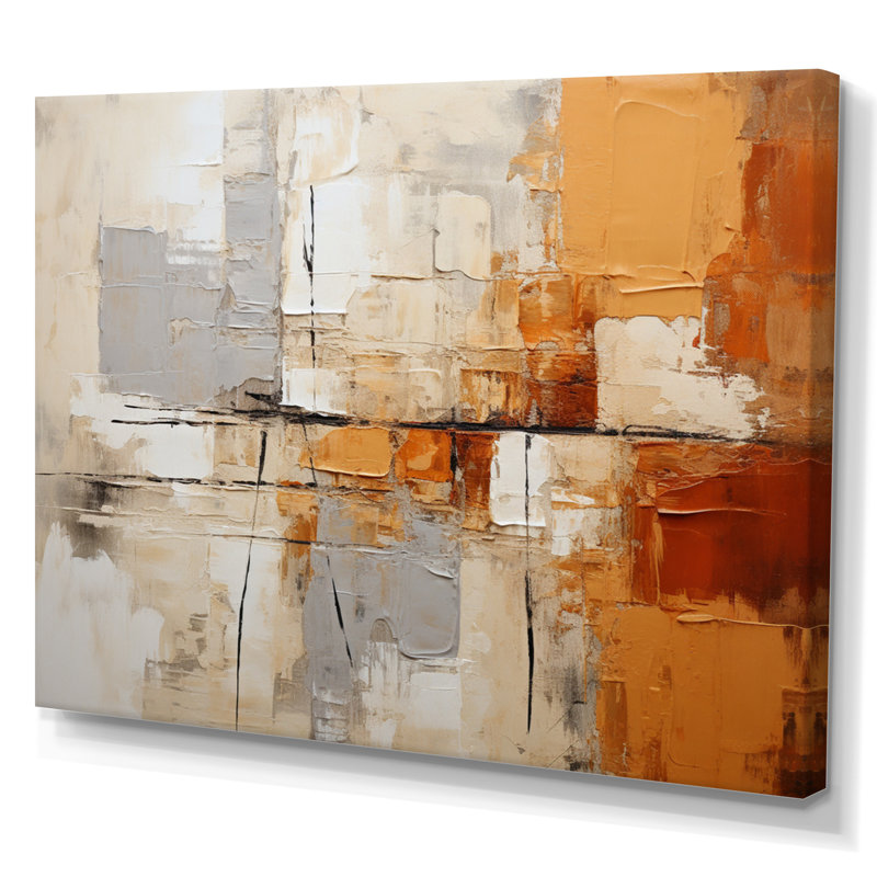 Gris, jaune, orange, impressions - Collages abstraits, art mural grand, H 12 po x l 20 po x P 1 po, Toile tendue