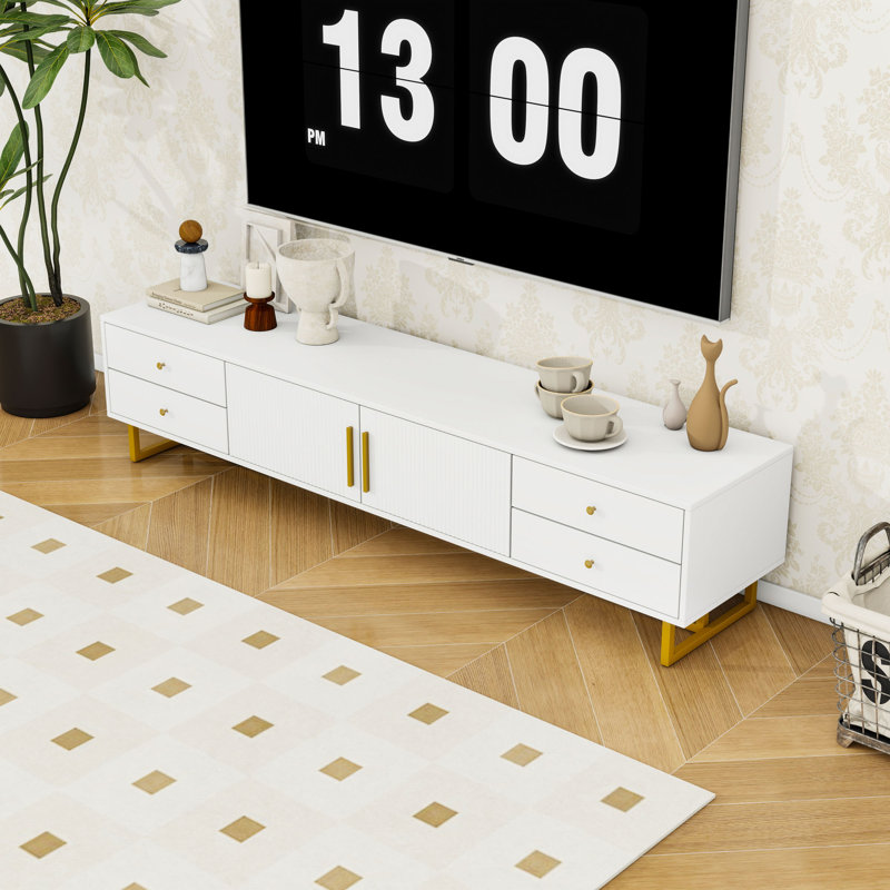 Meuble télé moderne avec 4 tiroirs, 2 armoires et portes à rainures ondulées, Blanc
