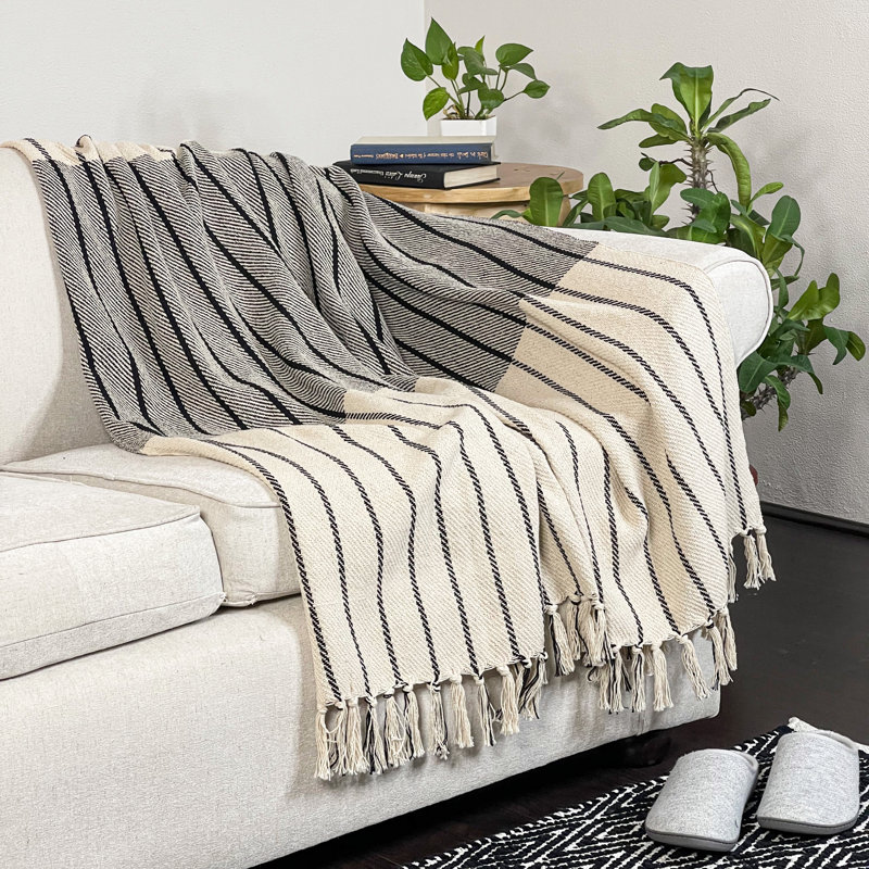 Black and Ivory Recycled Cotton Oslo Throw Blanket with Fringes