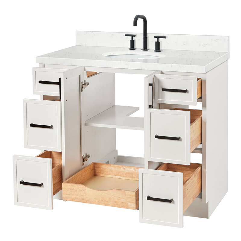 Ensemble de meuble-lavabo simple avec plateau en quartz ARIEL Kellie, Blanc, 42"